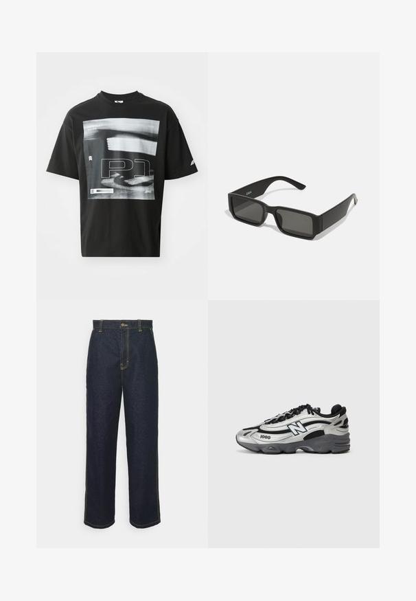 Melna kokvilnas T-krekls ar grafisku druku, kas ietver teksta elementus, tostarp "FORMULA 1 RACING" un "P1". Ar apaļu kakla izgriezumu un īsām piedurknēm.; Platas kājas tumšas džinsa bikses ar dzelteno diegu, ar priekšējo pogu aizdari un sānu kabatām. Gluda tekstūra un tradicionāls dizains.; Sudraba un melni sporta apavi ar acs auduma augšdaļu, mīkstinātu zoli, auklu dizainu un sānu zīmola detalizāciju.; Melnas saulesbrilles ar taisnstūra lēcām, matēta plastmasas rāmja un taisnām malām. Uz iekšējās rokas ir zīmola logo.