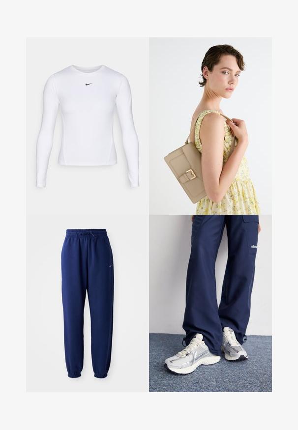 Camisa atlética de manga longa branca, feita de um tecido leve e respirável com um design ajustado. Apresenta um pequeno logótipo preto da Nike no peito.; Calças de fato de treino azul marinho feitas de um tecido suave, com uma cintura elástica com cordão, punhos elásticos e um pequeno logótipo branco.; Tênis esportivos Nike com parte superior em malha prata, detalhes em branco e solas texturizadas, combinados com calças largas azul-marinho.; Bolsa de mão de couro bege com um design estruturado, detalhe em fivela dourada e alça ajustável, apresentada contra um fundo claro.