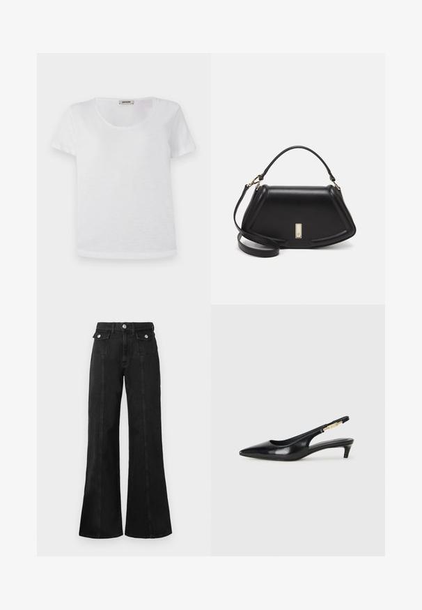 Weißes Kurzarm-T-Shirt aus weichem Material, mit Rundhalsausschnitt und geradem Saum, ohne sichtbare Muster oder Akzente.; Schwarze, weit geschnittene Jeans aus Denim mit hoher Taille, ausgestattet mit zwei vorderen Taschen, silberfarbener Hardware und sichtbaren Nahtdetails an der Vorderseite.; Schwarze Leder-Slingback-Pumps mit spitzem Schuhblatt, ausgestattet mit einem schlanken Absatz und einem goldfarbigen Akzent am verstellbaren Riemen. Glatte Textur.; Schwarze Lederhandtasche mit einem strukturierten Design, das eine verkürzte Form, einen oberen Griff und goldfarbene Hardware-Details aufweist. Verstellbarer Schulterriemen ist enthalten.