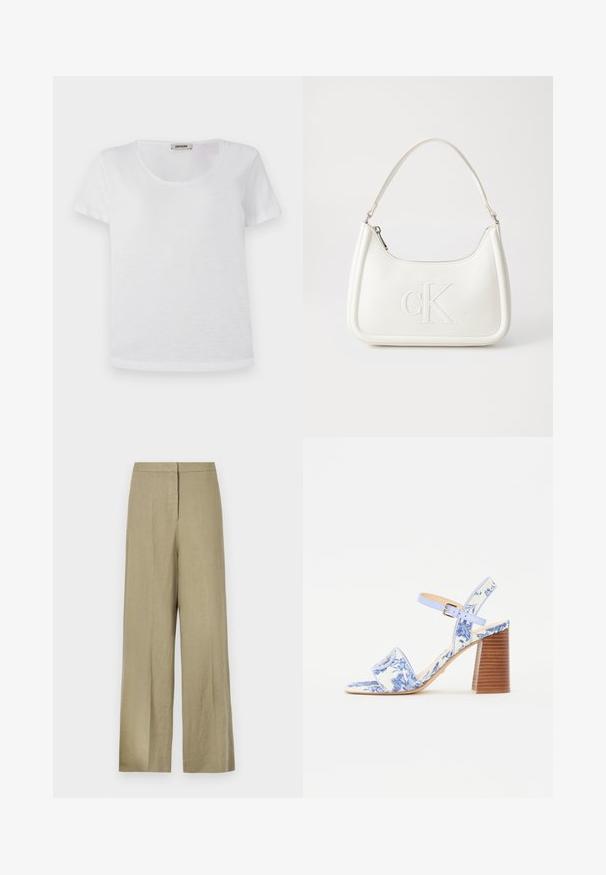 Witte t-shirt met korte mouwen, gemaakt van zachte stof, met een ronde halslijn en een rechte zoom zonder zichtbare patronen of accenten.; Lichtgroene, wijde broek van linnen. Heeft een hoge taille en een schone voorkant met een enkele plooien.; Blauw bloemenpatroon sandaal met een vierkante neus, een brede band en een verstelbare enkelband, met een getextureerde houten blokhak.; Witte lederen handtas met een gebogen vorm, voorzien van een reliëf "CK" logo aan de voorkant en een enkele schouderriem. Ritsluiting aan de bovenkant.