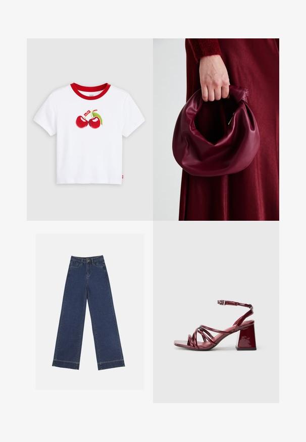 Balti medvilniniai marškinėliai su raudona ribele pažastyse, ant kurių yra grafika su dviem raudonomis vyšniomis ir žalia lapuote. Taip pat yra mažas raudonas žymeklis.; Plati džinsai tamsiai mėlynos denimo. Yra penki kišenės, diržo kilpos ir apatinė briauna su matomais siuvimo detalėmis.; Patentinių bordo spalvos aukštakulnių sandalų su kvadratiniu pirštu dizainas apima daugybę susipynusių dirželių ir masyvų blokinį kulną. Reguliuojamas kulkšnies dirželis.; Bordo odinė rankinė su minkštu, susiraukšlėjusiu dizainu ir apvalia forma. Rankena yra tvirtai pritvirtinta, atskleidžianti lygią tekstūrą.