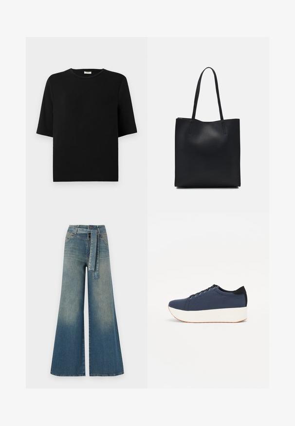 Čierne bavlnené tričko s krátkymi rukávmi, okrúhlym výstrihom a voľným strihom. Hladká textúra a jednoduchý, minimalistický dizajn. Bez vzorov alebo akcentov.; Džínsy s širokými nohavicami, ktoré majú prechod od svetlomodrej po tmavomodrú, vysoký pás, pútka na opasok a opasok z rovnakého materiálu. Textúrovaný denimový povrch.; Námornícky modré tenisky s textúrovaným textilným zvrškom, bielou platformovou podrážkou, zaoblenou špičkou a čiernym akcentom na päte. Obsahujú šesť otvorov na šnúrky.; Čierna kožená taška na rameno s hladkým povrchom, obdĺžnikovým tvarom a dvoma dlhými uchami. Bez viditeľného kovania alebo ozdôb.