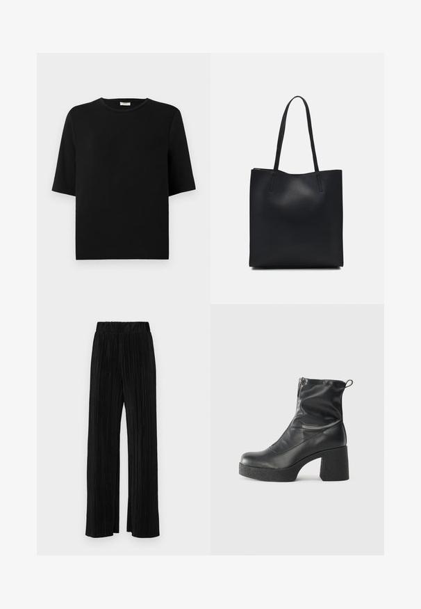 Fekete pamut póló rövid ujjakkal, kerek nyakkal és laza szabással. Simább textúrával és egyszerű, minimalista dizájnnal rendelkezik. Nincsenek minták vagy kiegészítők.; Fekete pliszírozott nadrág gumis derekkal. Széles lábakkal rendelkezik, sima, texturált anyagból készült, függőleges csíkokkal.; Fekete bokacsizmák sima bőrből, oldalsó cipzárral, vastag, texturált sarkú és lekerekített orrú dizájnnal.; Fekete bőrtáska sima felszínnel, téglalap alakú, két hosszú füllel. Nincs látható fémkiegészítő vagy díszítés.
