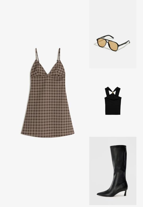 Black sleeveless top featuring a twisted back design and a gold accent at the neckline. Made of soft, stretchy fabric with a smooth texture.; Brown and beige plaid dress with thin straps, featuring a v-neckline and a relaxed fit. Made of lightweight fabric with a smooth texture.; Black leather knee-high boot with a pointed toe and a modest heel. Smooth texture and sleek design with subtle stitching details.; Black sunglasses with brown tinted lenses; rectangular shape with a thick frame, including subtle hardware accents on the temples.; Black leather triangular handbag with a single adjustable shoulder strap and a soft, slightly slouched structure.