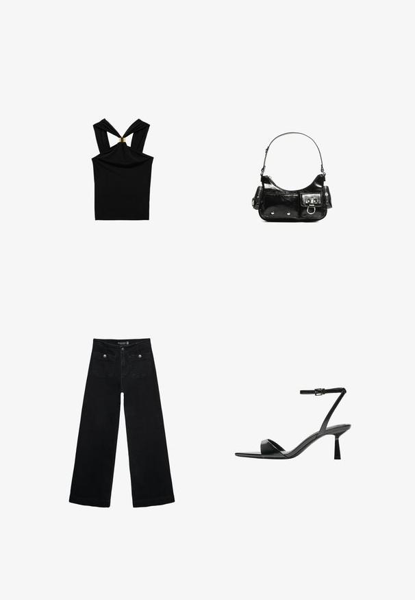 Svart ärmlös topp med en vriden ryggdesign och en guldfärgad detalj vid halsen. Tillverkad av mjukt, stretchigt tyg med en slät yta.; Svart vida jeans med hög midja, med två framfickor och metalldetaljer i form av knappar. Tyget har en mjuk textur.; Bershka Sandaletter - black; Svart lackläderhandväska med en rundad form, en axelrem, framfickor och detaljer i silverfärg.