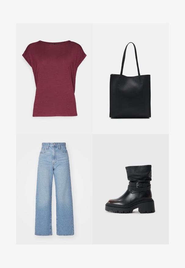 Vero Moda VMAVA PLAIN - Pamata T-krekls - port royale; Gaiši zili augstās jostas vidukļa platās bikses ar priekšējo pogu un rāvējslēdzēju, priekšējām un aizmugurējām kabatām uz baltā fona.; Melnas ādas potītes zābaki ar vaļīgu augšdaļu, sprādzi, un biezu, izturīgu zoli. Iezīmē apaļu purngalu un gludu tekstūru.; Melnas ādas somiņa ar gludu tekstūru, taisnstūra formu un divām garām rokturiem. Nav redzamu aparatūras vai rotājumu.