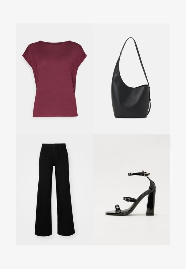 Vero Moda - T-shirt basic; Czarne szerokie spodnie dżinsowe z usztywnionym pasem, szlufkami na pasek i kieszeniami z przodu. Gładka faktura o klasycznym fasonie.; Czarne lakierowane sandały na obcasie z kwadratowym noskiem, z paskami wokół kostki i srebrnymi klamrami. Posiadają masywny słupek dla stabilności.; Czarna skórzana torba hobo o gładkiej fakturze, zaokrąglonym kształcie i pojedynczym, regulowanym pasku; posiada szerokie otwarcie na górze.
