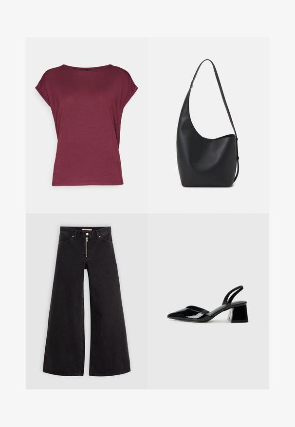 Vero Moda VMAVA PLAIN - Basic póló - port royale; Fekete denim széles szárú farmer, cipzáros elejével, öt zsebes kialakítással és diszkrét varrással. Sima textúra és laza stílus.; Fekete lakk bőr szandálkés magas sarkú cipő, hegyes orral és geometrikus tömbsarkakkal. Karcsú, minimalista dizájn és sima textúra jellemzi.; Fekete bőr hobo táska sima textúrával, ívelt formával és egyetlen állítható pánttal; széles nyílás található a tetején.