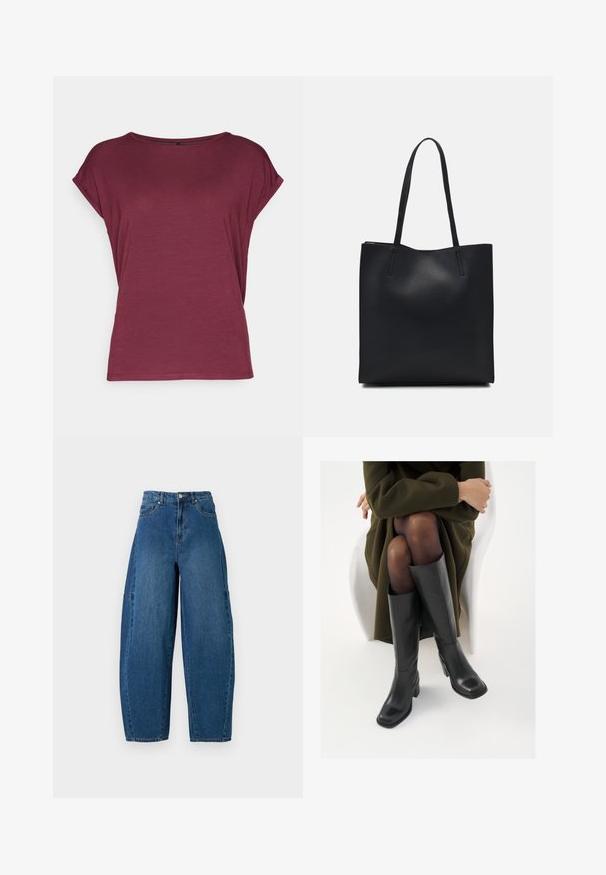 Vero Moda VMAVA PLAIN - Základné tričko - port royale; Džínsy v strednom modrom umývaní, s vysokým pásom, širokým strihom nohavíc a klasickým dizajnom s piatimi vreckami a viditeľnými švami.; Čierne kožené čižmy po kolená so štvrtým prstom a blokovým opätkom, zobrazené s modelom sediacim v olivovo zelenej bunde. Hladká textúra, minimálne detaily.; Čierna kožená taška na rameno s hladkým povrchom, obdĺžnikovým tvarom a dvoma dlhými uchami. Bez viditeľného kovania alebo ozdôb.