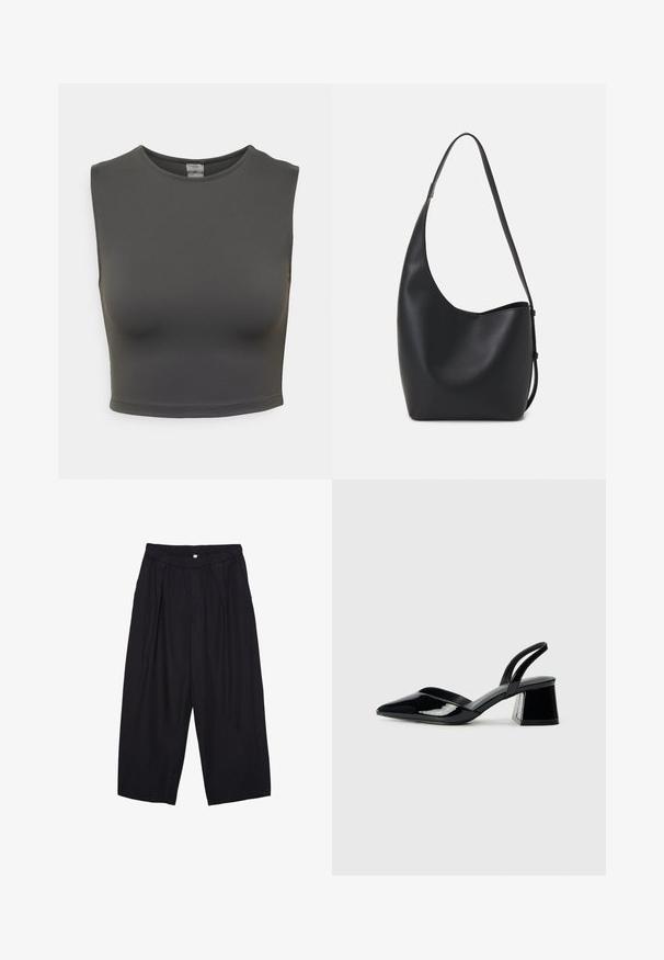 Tmavošedý bezrukávový crop top vyrobený z hladkého, pružného materiálu; má okrúhly výstrih a priliehavý strih.; Čierne polyesterové culotte nohavice s elastickým pásom, dvoma prednými záhybmi a voľným strihom. Žiadne viditeľné vzory ani detaily z kovu.; Čierne lakované kožené sandálové podpätky s špicatou špičkou a geometrickým blokovým podpätkom. Disponujú elegantným, minimalistickým dizajnom a hladkým povrchom.; Čierna kožená hobo taška so hladkou textúrou, zakriveným tvarom a jedným nastaviteľným popruhom; má široké otvorenie na vrchu.