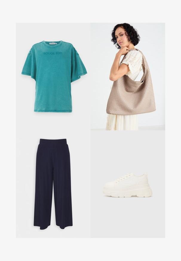 Camiseta de gran tamaño en color azul verdoso, de manga corta, mezcla de algodón, con cuello redondo acanalado. Presenta un relieve de "ROUGE EDIT" en la parte frontal. Textura suave.; Pantalones de pierna ancha en tejido de un oscuro color navy con una textura acanalada. Presenta una cinturilla suave y una silueta fluida, llegando a la altura de las pantorrillas.; Zapatilla de lona blanca con suela gruesa, punta redonda y cinco ojales para los cordones. Lengüeta trasera para facilitar el uso. Textura suave, diseño minimalista.; Bolsa tote de color beige tejida, con un diseño holgado y una sola correa para el hombro. Presenta un patrón texturizado en toda la superficie.
