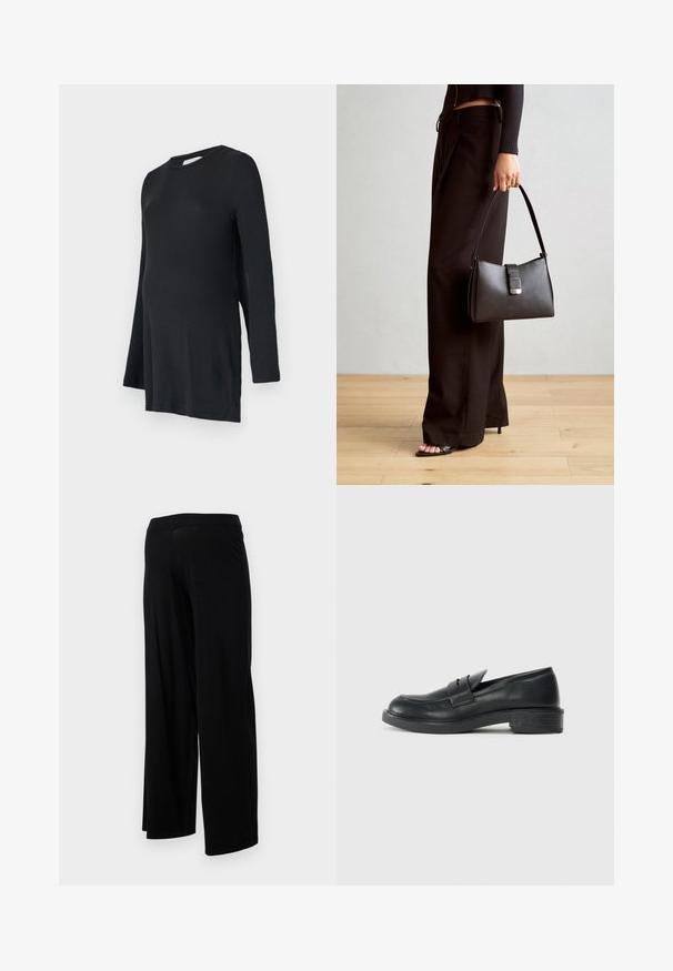 Melna garo piedurku topa krekls ar ribota tekstūra, apaļu kakla izgriezumu un sānu šķēlumiem. Izstrādāts ērtībai grūtniecības laikā.; Melni platleņķa bikses ar elastīgu jostasviju un gludu, elastīgu tekstūru. Piedāvā vienkāršu dizainu, bez rakstiem vai rotājumiem.; Melni ādas mokasīni ar noapaļotu purngu, šuvju detalizāciju un nelielu papēdi. Gluda tekstūra un elastīga gumijas zole.; Melnā somiņa ar strukturētu formu, gludu tekstūru un metālu sprādzi. Saskaņota ar platām melnām biksēm un sandālēm ar atvērtu purngalu uz koka grīdas.