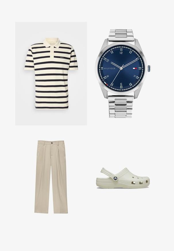 Gestreiftes Poloshirt in Creme und Marineblau, aus Baumwolle gefertigt. Mit einem Kragen, einer Knopfleiste mit zwei Knöpfen und gesticktem Logo auf der Brust.; Beige Hosen mit geradem Schnitt, ausgestattet mit einem einzelnen schwarzen Knopf, Gürtelschlaufen und Seitentaschen. Glatte Stofftextur und minimalistisches Design.; Cremfarbener Gummischuh mit Rückenriegel, Belüftungsöffnungen, texturiertem Obermaterial und erhöhten Kanten. Verfügt über ein rundes Logo-Element an der Seite.; Silberne Metall-Uhr mit einem gebürsteten blauen Zifferblatt, weißen Stundenmarkierungen und einem Datumsanzeiger. Verfügt über ein verlinktes Metallarmband und ein Markenlogo.