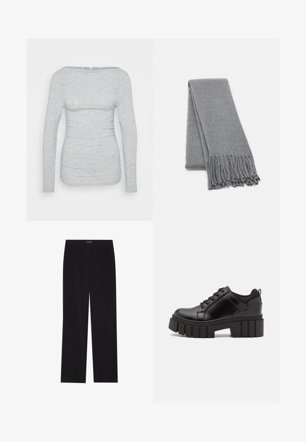 Šviesiai pilkas ilgomis rankovėmis viršus, pagamintas iš minkštos, tekstūruotos medžiagos. Yra valties formos iškirptė ir susiraukšlėtos šonų detalės, suteikiančios prigludusį siluetą.; Juodi švelnūs štrichiniai džinsai su tiesiu kirpimu, plokščiu liemeniu ir be matomų kišenių, su glotnia tekstūra ir vertikaliu briaunavimu.; Juodi odiniai platformos batai su masyviu blokuota kulniuku, apvalia nosimi ir tradiciniu šnypštimo dizainu. Turintys glotnų paviršių ir minimalų dekoravimą.; Pilkas vilnonis šalikas su minkšta tekstūra, turintis kutais apipintas kraštus ir paprastą dizainą. Gražiai sulenkta, pabrėžiant jo pailgą formą.