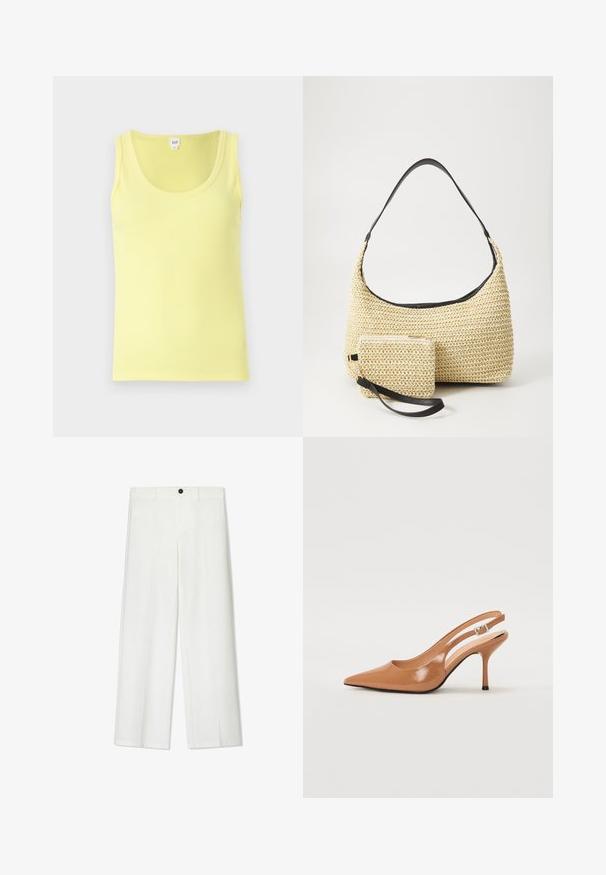 Sárga bordázott ujjatlan trikó, kerek nyakkivágással és egyenes aljjal. A címke a felső középen látható.; Fehér, bő szabású nadrág, sima textúrával, elöl gombos záródással és övhurkokkal, kényelmes szabású.; Fingerszűk, hegyes orrú, háttámlás sarokcipő sima, fényes barnás anyagból. Íves kivágású dizájn és karcsú stiletto sarkú. Ezüst csattal ellátva.; Fonott szalmakézi táska ívelt sziluettel, sima fekete bőrszíjjal és egy hozzá illő, csuklószíjjal rögzített kis tasakkal.