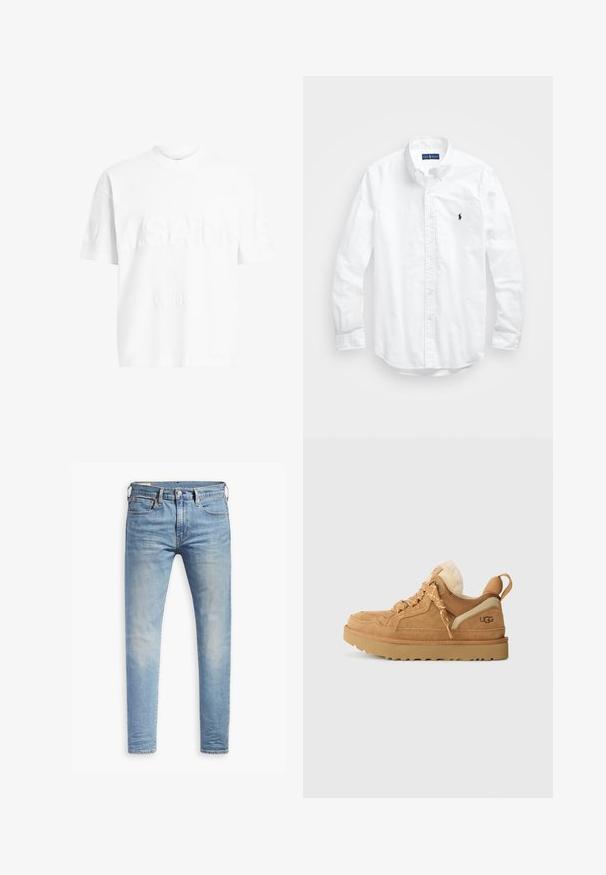 Tricou alb din bumbac, cu mâneci scurte și guler tip crew. Prezintă o marcă texturată "A.SAINTS" și "LONDON" pe față, într-un stil subtil embosat.; Cămașă albă cu mânecă lungă și nasturi din bumbac. Are un guler clasic, manșete cu nasturi și un mic logo brodat în navy pe piept.; Jeans slim-fit de culoare albastru deschis, cu un ușor efect de decolorare pe coapse, închidere frontală cu nasture, bucle pentru Curea și stil de cinci buzunare, pe un fundal alb.; Sneakers din suede bej cu talpă din cauciuc, având accente contrastante de crem, șireturi tiparate și o căptușeală moale. Design cu vârf rotund.