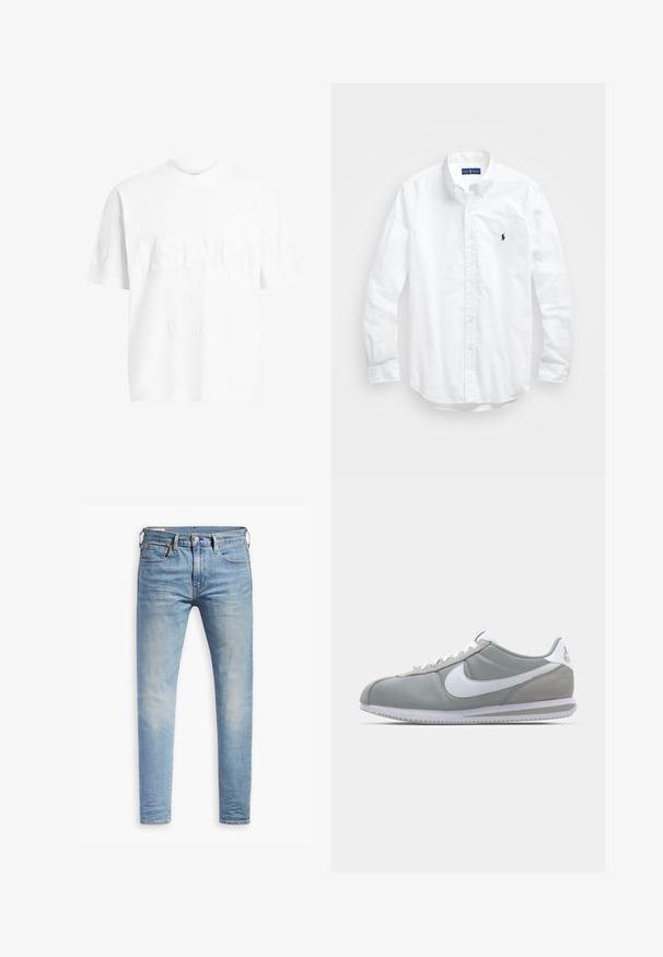 Bela bombažna majica s kratkimi rokavi in okroglim ovratnikom. Na sprednji strani se nahaja strukturirano označevanje "A.SAINTS" in "LONDON" v subtilnem embosiranem slogu.; Bela dolg rokav srajca s gumbi iz bombaža. Ima klasičen ovratnik, gumbnice na zapestjih in majhen temno moder vezen logotip na prsih.; Svetlo modri oprijeti džins s blagim bledenjem na stegnenicah, sprednji gumbasti zapenjač, zanke za pas in pet žepov na belem ozadju.; Sive tenisice za šport z zgornjim delom iz semiša in tekstila, belim Nike swooshom in belimi vezalkami. Imajo strukturirano gumijasto podplat in oblazinjen ovratnik.