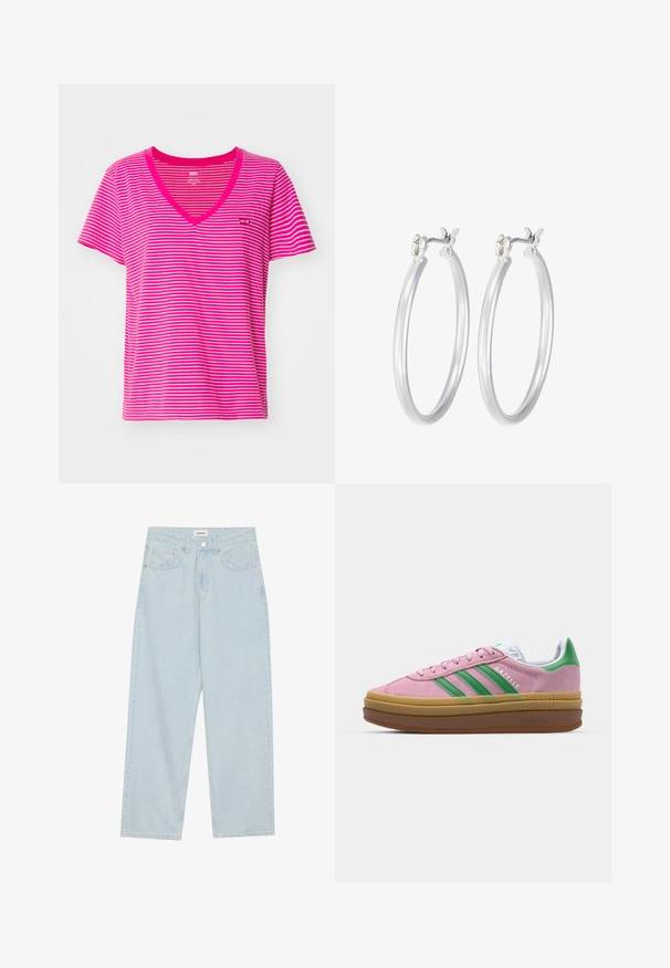 Rozā un baltā svītru t-krekls ar V veida kakla izgriezumu, īsām piedurknēm un mazu logotipu uz krūtīm. Mīksta kokvilnas auduma.; Gaiši zilas platās kājas džinsi, kas izgatavoti no denima, ar vidēju jostas augstumu, piecām kabatām un pogas aizdari ar šauru metāla akcentu.; Rozā zamša kedas ar zaļām svītrām, baltām akcentiem un brūnu gumijas zoli. Izstrādātas ar teksturētu audumu un logotipa detaļām sānos.; Sudraba riņķveida auss gredzeni ar gludu, pulētu apdari. Apaļa forma un drošs klikšķa augšējais slēgums. Viegls dizains, kas piemērots ikdienas valkāšanai.
