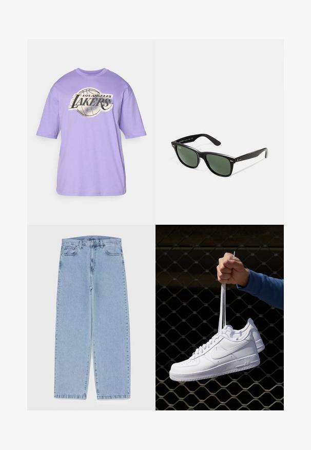 Lavendel kortermet t-skjorte med rund hals og et sentralt grafisk motiv som inneholder en basketball og teksten "Los Angeles Lakers" i svart og sølv.; Lyseblå denimjeans med rett ben-design, med mid-rise liv, fem lommer og knap og lynlås lukning.; Hvite skinnsneakers med perforeringer, rund tå, flat såle og tykke lisser, med en synlig swoosh-logo og "AIR" på hælen.; Sorte plast-solbriller med grønne linser, firkantede rammer, sølvdetalje på brynene, og teksturerte stangarmen. Angitt merke på indre arm.