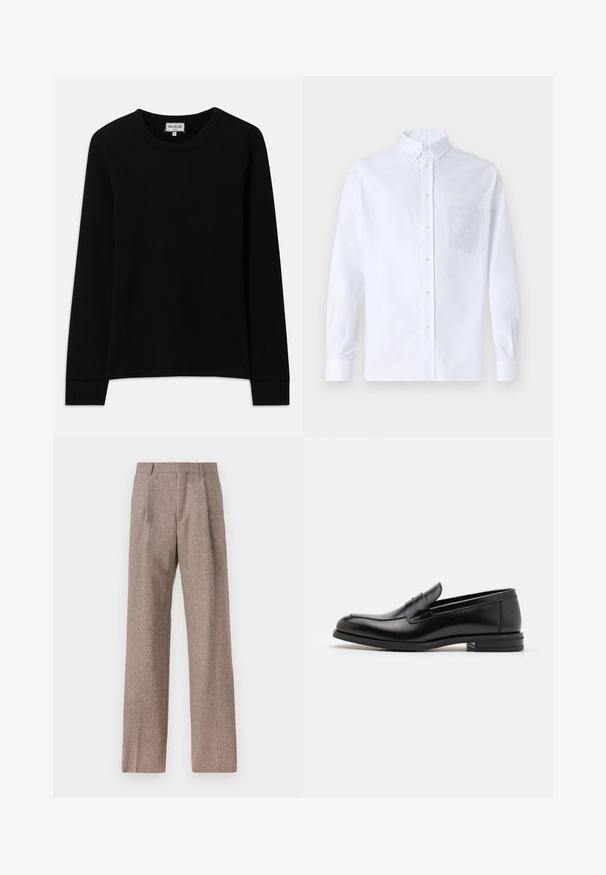 Mustvalge pikkade varrukatega ribakootud särk ümmarguse kaelusega, brändiga Paul & Joe Paris, suurus medium, esitatud valgel taustal.; Valge pikamaa varrukatega nööbiga särk, mis on valmistatud puuvillast ja millel on rinna tasku toon-toonis brodeeringuga, krae ja nööbiga mansetid.; Prunnid, kõrge vöökohaga püksid, mis on valmistatud tekstureeritud kangast. Omavad laiu jalgu ja kahte eesmist voldikut struktuuri jaoks. Korralik viimistlus, ilma nähtava riistvarata.; Mustad mustad nahast loafers sileda tekstuuriga, ümarat ninaosa ja dekoratiivne riba vampi üle. Madal kihiline konts, minimalistlik disain.