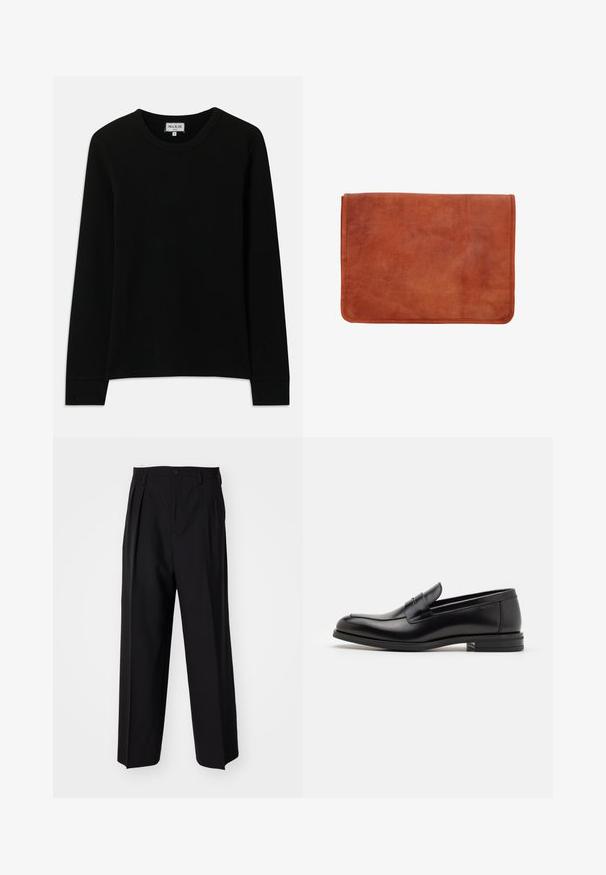 Maglietta a maniche lunghe nera in maglia a coste con collo rotondo, etichettata Paul & Joe Paris, taglia media, esposta su uno sfondo bianco.; Pantaloni neri a pieghe con un design dritto e gamba larga. Realizzati in tessuto morbido, con chiusura a bottone e passanti per cintura.; Mocassini neri in pelle con una texture liscia, punta arrotondata e una striscia decorativa sulla tomaia. Tacco basso impilato, design minimalista.; Portfolio in pelle marrone con una texture liscia, forma rettangolare e cuciture visibili lungo i bordi. Nessun hardware o motivo.