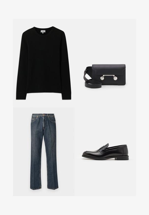 Camisa de punto de canalé negra de manga larga con cuello redondo, etiquetada como Paul & Joe Paris, tamaño mediano, exhibida sobre un fondo blanco.; Vaqueros de mezclilla de pierna recta en azul oscuro con botón frontal, cremallera, dobles bolsillos frontales y pliegues verticales visibles a lo largo de las piernas.; Mocasines de cuero negro con una textura suave, puntera redondeada y una tira decorativa en el empeine. Tacón bajo apilado, diseño minimalista.; Bolso cruzado de cuero negro con cierre de solapa, herrajes en tono plata y dos acentos redondos. Cuenta con una correa desmontable. Textura suave.