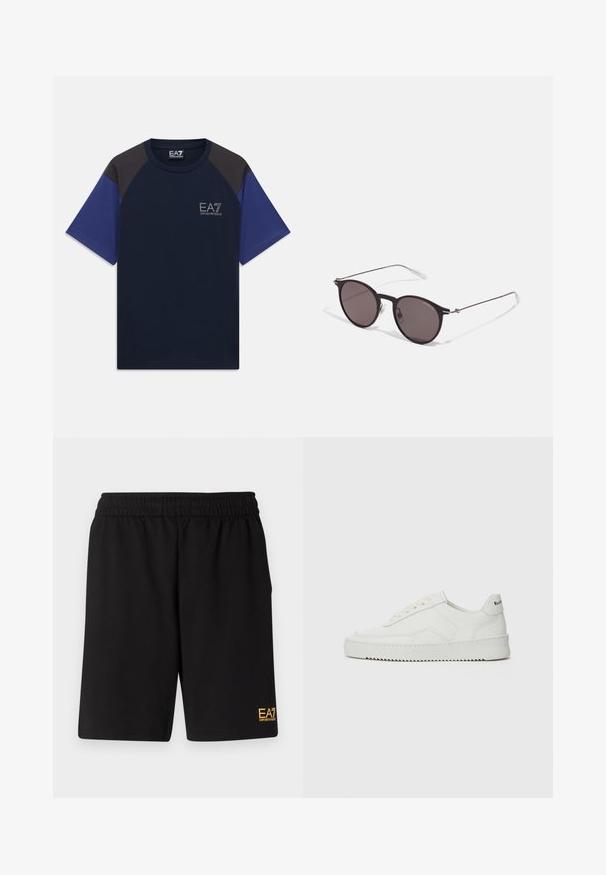 Mørkeblå T-skjorte med svarte skulderpaneler og blå ermer, med EA7 Emporio Armani-logo på venstre bryst.; Sorte treningsshorts laget av mykt stoff, med elastisk midje og en liten gul EA7-logo nederst på venstre ben.; Hvite lærersneakers med en jevn overflate, rund tå, flate lisser og en teksturert såle. Har en subtil logo på hælen.; Sorte, runde solbriller med mørke linser og slanke metalarmer. Inkluderer klare temple tips og sølvfargede detaljer ved hengslet. Minimalistisk design.