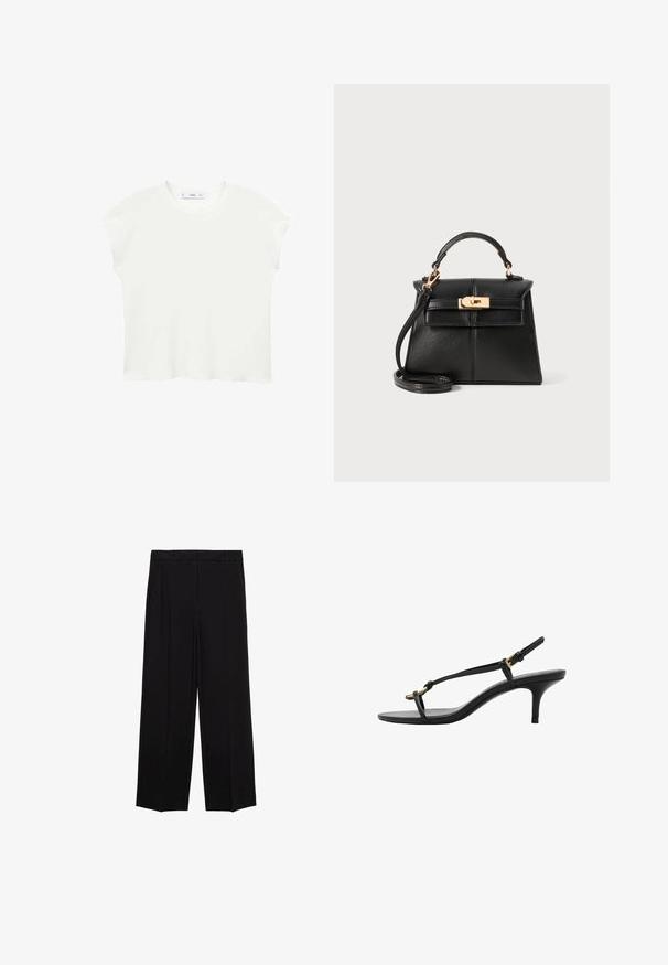 Hvid kortærmet t-shirt med rund halsudskæring, blød tekstur og en afslappet pasform. Let buet kant forneden tilføjer et afslappet præg.; Sorte brede bukser med en glat stof, der har folder foran og sidelommer, designet med en lige, afslappet pasform.; Sort læder kitten hæl sandal med tynde stropper, guldspænde og minimalistisk tå løkke på en hvid baggrund.; Sort læderhåndtaske med en struktureret design, topstrop, aftagelig rem og hårdvarer i guldtonede på en magnetisk lukning.