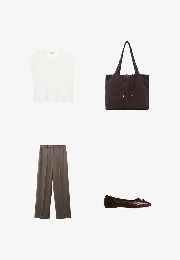 T-shirt bianco a maniche corte con scollatura rotonda, texture morbida e vestibilità rilassata. L'orlo leggermente curvo aggiunge un tocco informale.; Pantaloni a gamba larga in tessuto marrone tenue con trama liscia, dotati di due tasche frontali e una cintura su misura.; Ballerine in pelle tessuta marrone con punta arrotondata, fiocco decorativo e suola piatta. La superficie texturizzata offre un delicato dettaglio a motivo.; Mango Shopping bag - dark brown