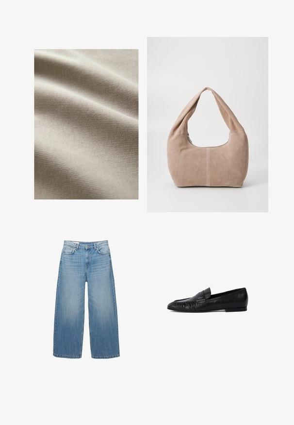 Beiger Stoff mit einer glatten, strukturierten Oberfläche, die subtile horizontale Linien und Falten zeigt, die Weichheit und Flexibilität anzeigen.; Hellblaue weite Jeans aus Denim, mit einem klassischen Fünf-Taschen-Design und einem Knopfverschluss. Im ganzen Stoff mit einem verwaschenen Look.; Schwarze Lederloafers mit runder Zehe, gestickten Details an der Vorderseite und flacher Sohle. Minimalistisches Design mit dezentem Logoakzent.; Hobo-Tasche aus weichem Wildledermaterial in einem hellen Beigeton. Verfügt über eine runde Form, einen breiten Riemen und einen Reißverschluss.