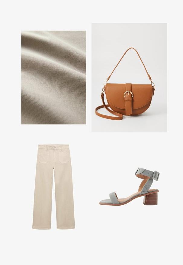 Beige stof met een gladde, gestructureerde oppervlakte, met subtiele horizontale lijnen en rimpels, wat duidt op zachtheid en flexibiliteit.; Beige wijde broek van katoen. Voorzien van een rits, een knoop aan de voorkant en twee opgestikte zakken op de achterkant. Schoon afgewerkt zonder versieringen.; Next FOREVER COMFORTREGULAR FIT - Sandalen - blue; Bruine leren schoudertas met een gebogen vorm, gouden hardware en een gespaccent. Bevat een afneembare schouderriem.