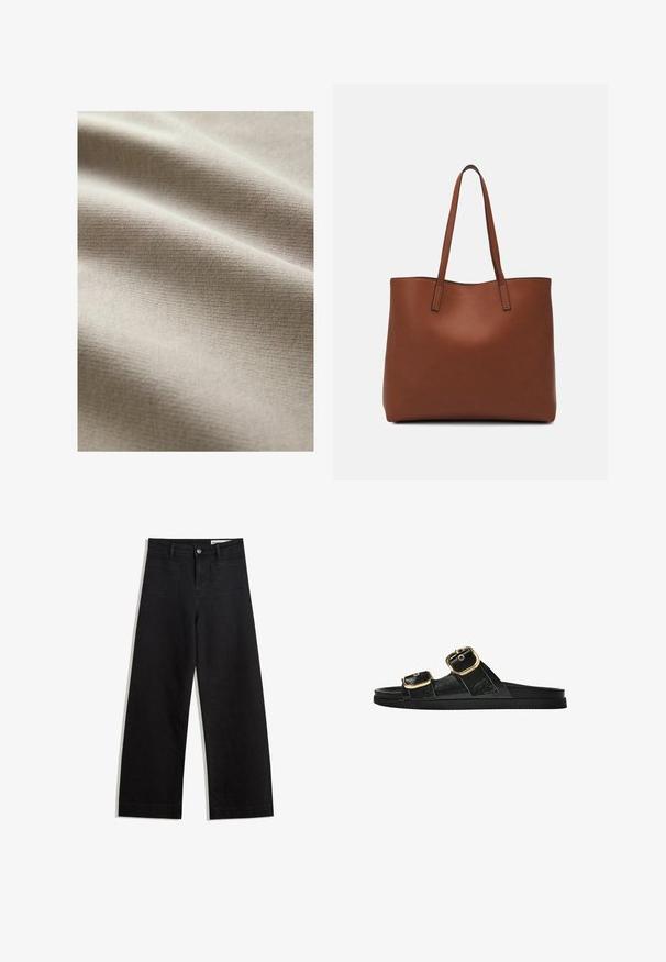 Beige stof med en glat, tekstureret overflade, der viser subtile vandrette linjer og rynker, hvilket indikerer blødhed og fleksibilitet.; Sorte wide-leg denim bukser med høj talje, der har front- og baglommer, syede sømme og en knaplukning. Glat tekstur.; Sort skridsandal med to guldspænder, glat tekstureret materiale, flad sål og et minimalistisk design.; Brun læder tote taske med en glat overflade, åben topdesign og to skulderremme. Har minimal syning og ingen synlig hardware.
