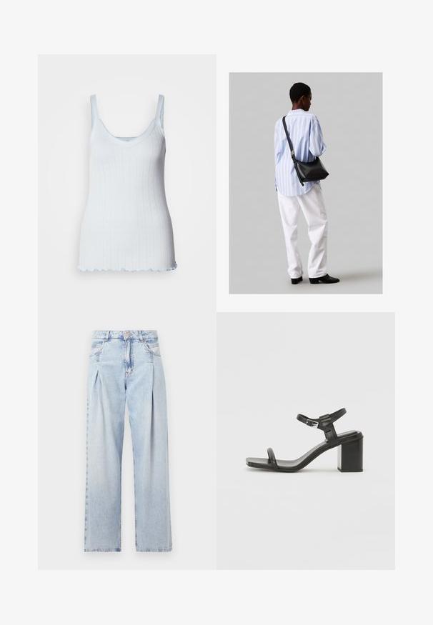 Top de culoare albastru deschis, fabricat dintr-un material texturat, cu decolteu în formă de inimă, bretele subțiri și tiv ondulat. Prezintă un model cu inimi pe toată suprafața.; Jeans din denim albastru deschis cu talie înaltă, croială evazată, două buzunare laterale și un design pliat. Textură moale cu un finisaj decolorat.; Sandal din piele neagră cu toc bloc, cu o curea lată peste degete și o curea ajustabilă la gleznă, având un design elegant și minimalist.; Geantă de umăr din piele neagră cu o textură moale, formă triunghiulară și curea ajustabilă, asortată cu o bluză cu dungi albastre deschise și pantaloni albi.