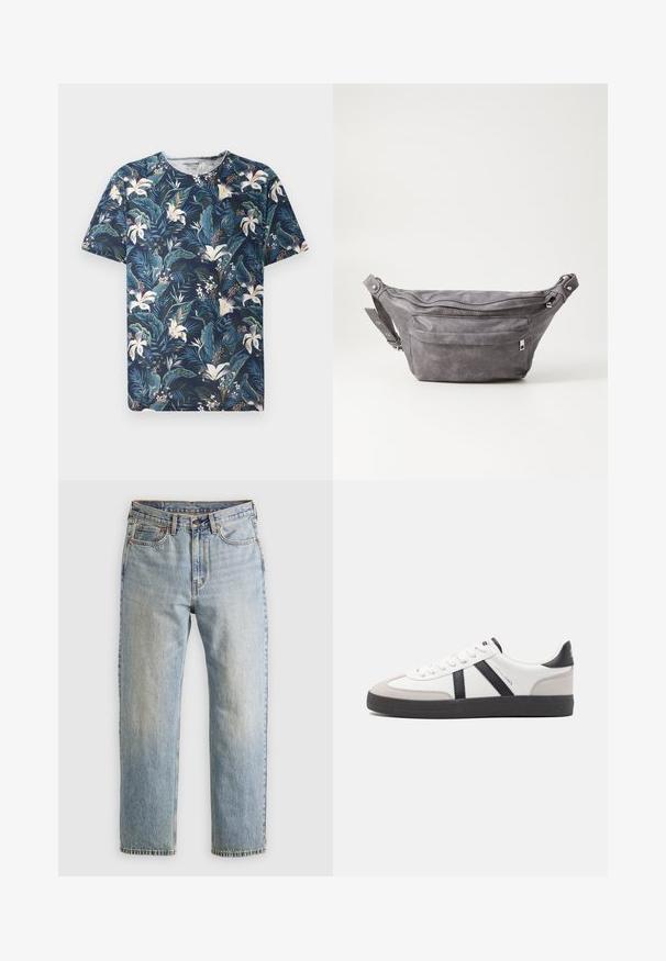 Kortærmet navy T-shirt med et tropisk blomstermotiv og blader i grønne og hvide nuancer, lavet af blødt stof med rund hals.; Lysblå denim jeans med høj talje, frontknap, lynlås og fem-lomme design, lagt fladt på en neutral baggrund.; Hvide sneakers med sorte og grå detaljer, med en tekstureret grå tåhætte, sort gummisål og flade hvide snørebånd. Rent design, minimalistisk stil.; Grå suedefanny pack med en rund form, to lynlåslommer og justerbart strop. Har metalhardware detaljer.