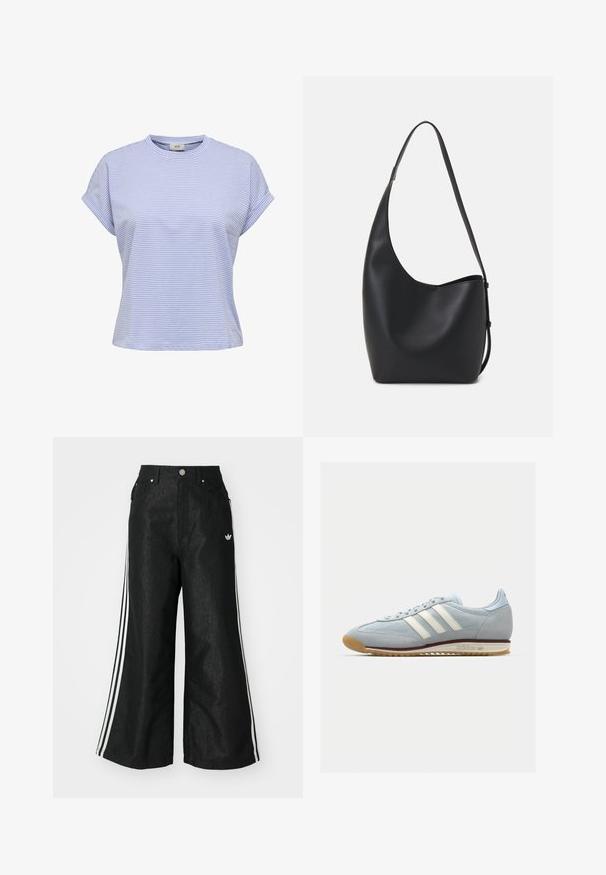 Heled sinise triibuga T-särk ümarate kaelustega, lühikeste rullimisega varrukatega ja lõdva lõikega. Valmistatud pehmest kangast, millel on sile tekstuur.; Mustad mustadeline denimipüksid, millel on kummalgi küljel kolm valget triipu ja väike valge logo. Omab esikotte ja nööbiga kinnihoidmist.; Heledad sinine sametist tennis, millel on valged kolm triipu, kummitald ja tekstureeritud sisu. Tooteomadused hõlmavad sujuvat varbakatet ja brändingut kontsapooles.; Mustast nahast hobo kott, millel on sile tekstuur, kumer kuju ja üks reguleeritav rihm; peal on lai avaus.