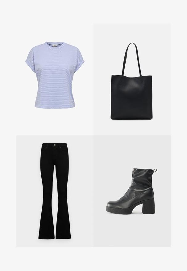 T-shirt a strisce blu chiaro con scollatura rotonda, maniche corte arrotolate e vestibilità rilassata. Realizzato in un tessuto morbido con una texture liscia.; Jeans neri a vita alta con chiusura a bottoni e zip, tasche frontali e gambali svasati, distesi su uno sfondo bianco.; Stivali neri alla caviglia in pelle liscia, con zip laterale, tacco spesso e texture, e punta arrotondata.; Borsa tote in pelle nera con texture liscia, forma rettangolare e due manici lunghi. Nessun hardware o decorazione visibile.
