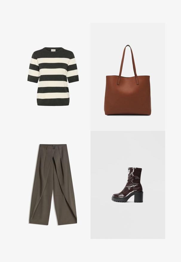 Stripet kortærmet sweater i mørkegrå og creme, med en rund hals og en afslappet pasform. Blødt strikket tekstur med vandrette striber.; Vide bukser lavet af et struktureret, mørkegråt stof. Har en frontfald, knaplukning og sidelommer for praktisk anvendelse.; Glatte burgunder ankelstøvler med en chunky sort hæl, der har en glat tekstur og et simpelt design. Ingen synlige lukninger eller mønstre.; Brun læder tote taske med en glat overflade, åben topdesign og to skulderremme. Har minimal syning og ingen synlig hardware.