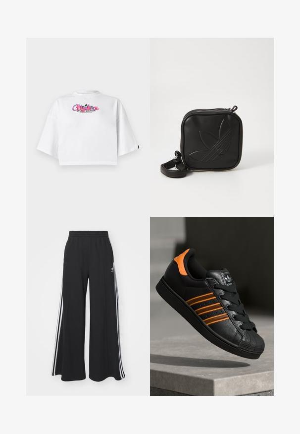 White cropped T-shirt with wide sleeves and colorful "Alpha Studio Edition" logo on the chest against a plain background.; Black wide-leg sweatpants with an elastic waistband, featuring white side stripes and an embroidered logo on the left thigh.; Black sneaker with orange accents, three horizontal stripes, textured leather upper, rubber toe cap, and black laces.; Black square crossbody bag made of textured synthetic material. Features an embossed logo design and adjustable strap. Zipper closure.