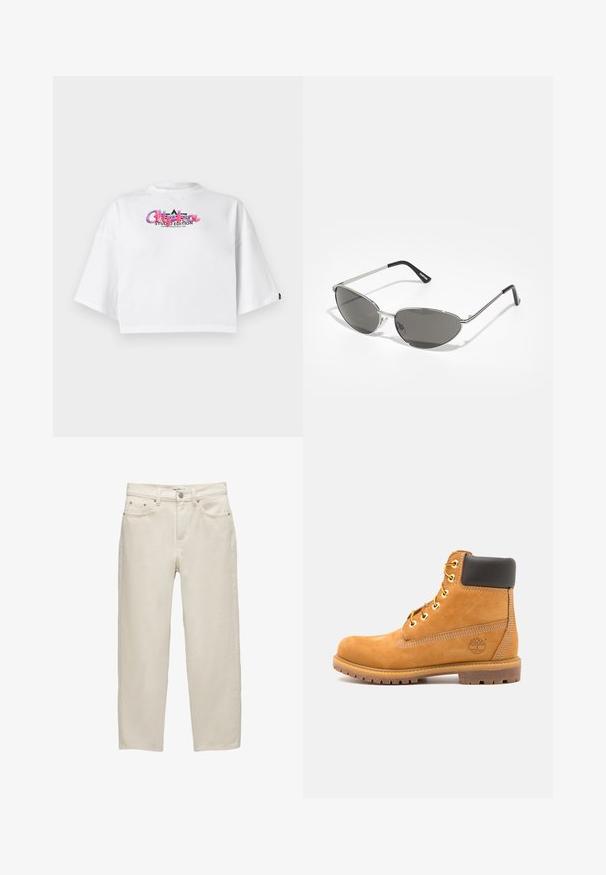 Biele skrátené tričko s širokými rukávmi a farebným logom "Alpha Studio Edition" na hrudi na jednolatom pozadí.; Biele riffelované džínsy s voľným strihom, rovný strih nohavíc, dizajn s piatimi vreckami a kovovými doplnkami s jemnou textúrou.; Hnedé kožené členkové topánky s čiernym polstrovaním, zlatými očkami a štruktúrovanou podrážkou. Obsahujú kruhové logo na boku a akcenty v podobe šitia.; Slnečné okuliare s elegantným, strieborným kovovým rámom, sivými tónovanými sklami a aerodynamickým dizajnom s ostrými hranami a tenkými rámikmi.; Čierna prešívaná kabelka s veľkým otvorom, zakrivenými tvarmi na povrchu a štítkom so žltým a bielym textom na prednej strane.; Súprava strieborných náušníc: dva oválne pecky a dva polkruhové kruhy, s lesklým, hladkým povrchom a zaobleným tvarom.
