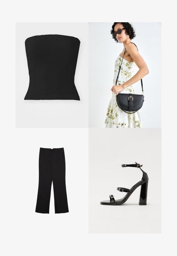 Črn brezramni top z teksturiranim vzorcem, strukturirano obliko in prilegajočo zasnovo brez vidnih zaponk ali dodatkov.; Črne hlače ravnega kroja z naglavnimi žepi in stranskimi razporki na robu. Narejene iz mehke, gladke tkanine. Primerne za različne priložnosti.; Črne lakirane sandale s peto, kvadratnim prstom, trakovi okrog gležnja in srebrnimi zaponkami. Opremljene so s stabilno Debelo peto.; Črna usnjena torbica s ukrivljeno obliko, z odstranljivo naramnico in zlatimi dodatki. Torbica ima pokrov s podrobnostmi v obliki zaponke.