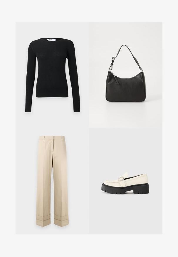 Fekete bordázott, hosszú ujjú környakú pulóver, testhez simuló szabással és a nyakban látható márkajellel.; Beige színű, egyenes szabású nadrág, duplakampós szegéllyel és lapos elülső kialakítással. Sima, tartós anyagból készült.; Fehér bőr lófarok, vastag fekete platform talppal, téglalap alakú ezüst csattal és látható varrás részletekkel a felső részen.; Fekete bőrtáska ívelt formával, egyetlen pánttal, cipzáras záródással és diszkrét logóval az elején. Simább textúra, minimalista dizájn.