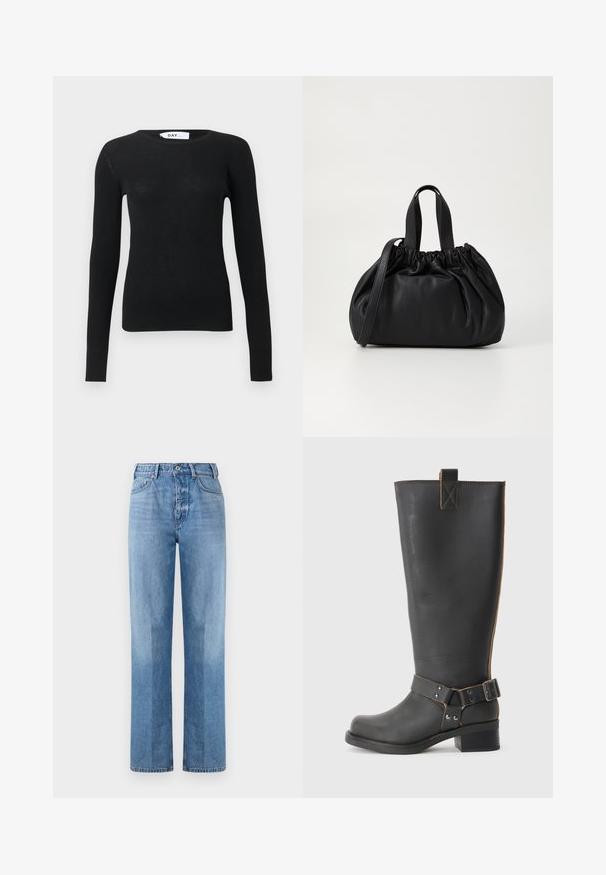 Crni rebrasti džemper s dugim rukavima i okruglim izrezom, s uskim krojem i vidljivom markicom unutar ovratnika.; Svijetloplave traperice s ravnim nogavicama, visokog struka, koje imaju pet džepova i vidljive šavove. Tekstura je glatka i klasična.; Crne kožne čizme do koljena s teksturiranom završnom obradom, sa bočnim detaljem s kopčom i niskom petom. Detaljno šivanje duž šavova.; Crna kožna torba s nabranim dizajnom na vrhu, s dva kratka ručka i dugim podesivim remenom. Glatka tekstura, zaobljen oblik.