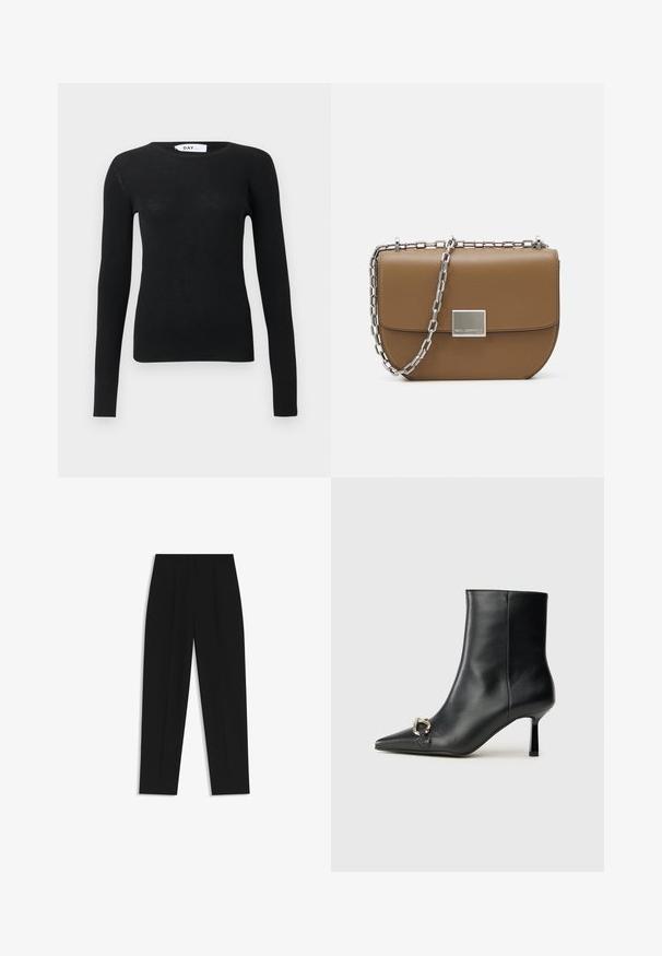 Schwarzer, gerippter Langarm-Pullover mit Rundhalsausschnitt, taillierter Silhouette und sichtbarem Markenetikett im Kragen.; Schwarze Hose mit geradem Schnitt, doppelten Falten, einer glatten Textur und einem klassischen Bunddesign. Keine sichtbaren Beschläge oder Akzente.; Schwarze Leder-Stiefelette mit spitzer Zehe, schlankem, mittelhohem Absatz und silberner Schnalle seitlich vor einem schlichten Hintergrund.; Braune Leder-Crossbody-Tasche mit gewölbter Form, silberner Kettenriemen und quadratischem metallischem Verschlussdetail auf der Vorderseite.