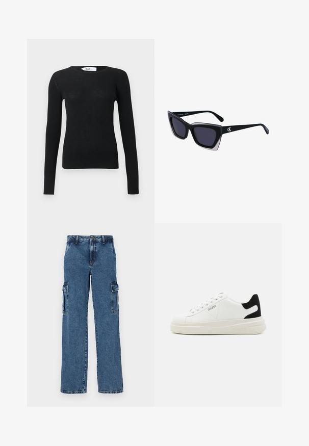Black ribbed long-sleeve crew neck sweater with fitted silhouette and visible brand label inside collar.; Blue denim cargo pants with a relaxed fit, featuring two side pockets, reinforced stitching, and a straight leg design.; White leather sneakers with a thick white sole, black suede heel accent, and embossed logo on the side. Laced design with six eyelets.; Black oversized sunglasses with a geometric shape, featuring dark lenses and a contrasting grey detail on the frame. Logo on the arm.