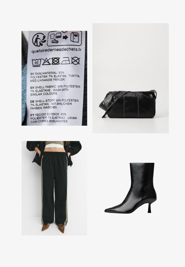 Plejemærke med hvid baggrund, der viser maskinvask instruktioner og stofsammensætning: 93% polyester, 7% elastan, på flere sprog.; Sorte, løse joggers med elastisk talje og sidelommer, der har kontrasterende lys beige striber langs benene.; Sorte ankelstøvler lavet af blank læder med spidse tær og slank hæl, der har en glat tekstur og et minimalistisk design.; Sort læder skuldertaske med lynlås, der har en tekstureret overflade, hvid syning og en rem med sølvøskner.