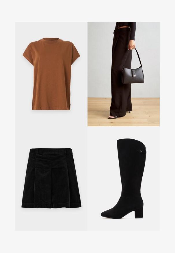 Brown short-sleeve t-shirt with a crew neckline, made from soft, lightweight fabric. Simple design with no patterns or embellishments.; Black corduroy skirt with a pleated design, featuring a straight cut, textured surface, and a waistband for a secure fit.; Black suede knee-high boots with a pointed toe and block heel. Features a smooth texture and a simple design, with a side strap accent.; Black handbag with structured shape, smooth texture, and a metallic clasp. Paired with wide black pants and open-toe sandals on wooden floor.