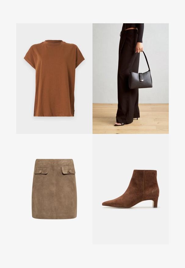 Brūna īsām piedurknēm T-kreklu ar apaļu izgriezumu, izgatavots no mīksta, viegla auduma. Vienkāršs dizains bez rakstiem vai rotājumiem.; Brūns zamšs mini svārki ar gludu tekstūru, ieguvuši divas priekšējās kabatas ar vāciņiem un pogu aizdare katrā pusē. Vienkāršs, taisns dizains.; Anna Field LEATHER - Puszābaki - tan; Melnā somiņa ar strukturētu formu, gludu tekstūru un metālu sprādzi. Saskaņota ar platām melnām biksēm un sandālēm ar atvērtu purngalu uz koka grīdas.