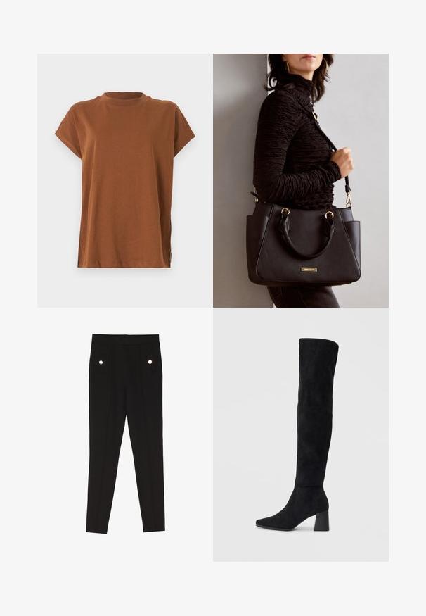Bruine t-shirt met korte mouwen en een ronde hals, gemaakt van zachte, lichte stof. Eenvoudig ontwerp zonder patronen of versieringen.; Zwarte op maat gemaakte broeken met een gladde textuur, voorzien van twee voorkruim pockets met decoratieve hardwareaccenten en een slim-fit ontwerp.; Zwarte suède kniehoge laars met blokhak, spitse neus en een glad, naadloos ontwerp op een effen lichte achtergrond.; Zwarte handtas met gestructureerd oppervlak, dubbele bovenhandvatten en verstelbare schouderriem. Voorzien van goudkleurige hardware en zijzakken.