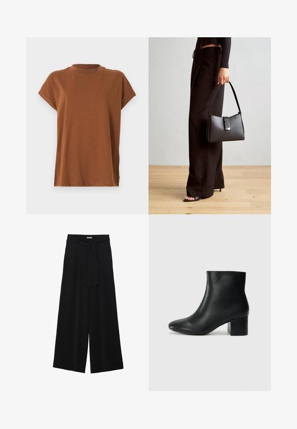 Ruskea lyhythihainen t-paita, jossa on pyöreä kaula-aukko, valmistettu pehmeästä ja kevyestä kankaasta. Yksinkertainen muotoilu ilman kuvioita tai koristeita.; Mustat leveät housut, joissa on teksturoitu kangas, joustava vyötärö ja irrotettava nauha vyötäröllä säädettävää istuvuutta varten.; Musta nahkasaappaat nilkkapituudella, jossa on terävä kärki ja paksu korko. Silkkinen pinta, jossa on minimaaliset yksityiskohdat ja tyylikäs, istuva muotoilu.; Musta käsilaukku, jossa on rakenteellinen muoto, sileä pinta ja metallinen solki. Yhdistetty leveisiin mustiin housuihin ja avonaiheisiin sandaaleihin puulattialla.