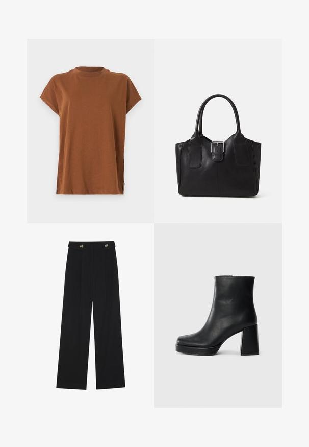 Brun kortärmad t-shirt med rundad halsringning, gjord av mjukt, lättviktigt tyg. Enkelt design utan mönster eller utsmyckningar.; Svarta vida byxor med hög midja, knäppdetaljer i midjan och framfickor.; Svart läderankelboot med blockklack och platåsula, sedd från sidan på en enkel vit bakgrund.; Svart läder tote-väska med slät yta, strukturerad form, två handtag och en framträdande silverfärgad spänne på framsidan.